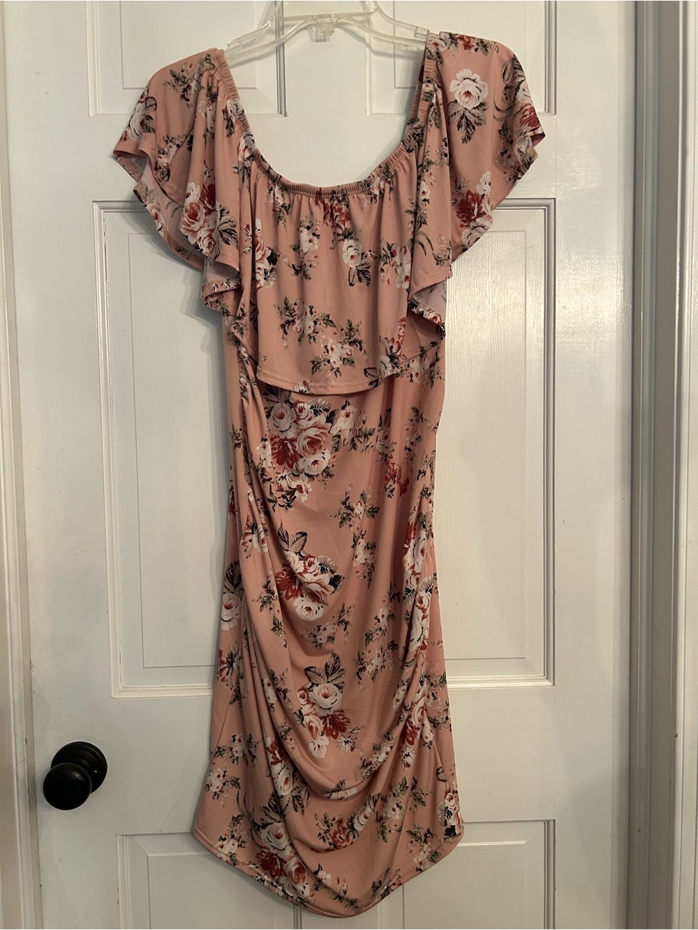 Floral Ruffle Off-Shoulder Midi maternity Dress - Blush Pink